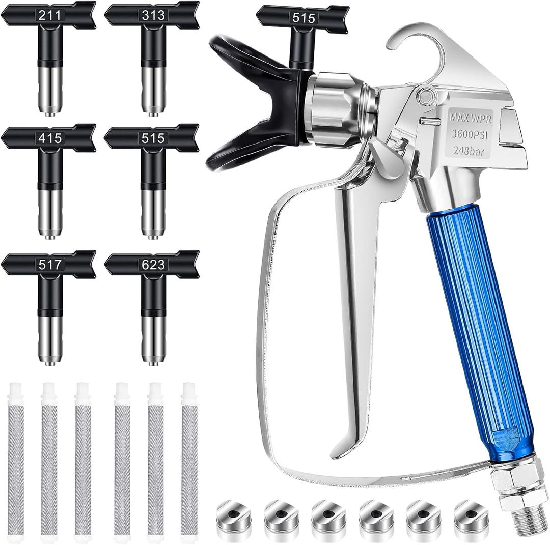 Airless Paint Sprayer Gun, 14 Pcs Kit With 6 Reversible Spray Tips, 6 Filters & Nozzle Seat for Spraying Machine (211 313 415 515 517 623)