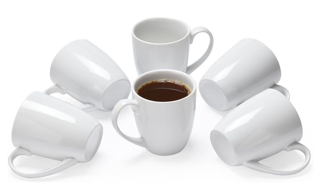 Bruntmor Ceramic Coffee Mug Set of 6-8oz Unique Tea Mug Set - Ceramic, Microwavable Mug - Hot Tea and Coffee Cup - Dishwasher and Microwave Safe Bulk Mugs - White