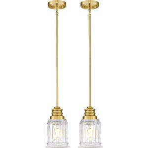 Brushed Gold Pendant Lights Kitchen Island 2 Pack, HWH 6 Inch Hanging Lights Fixtures with Bell-Shaped Fluted Clear Glass, Modern Kitchen Island Lighting