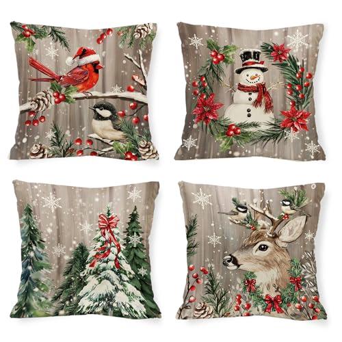 Tikeciti Christmas Woodgrain Snowman Pillow Covers Xmas Red Cardinal 18 x 18 Inch Throw Pillows, Winter Snowflake Seasonal Trees Deer Decorative Farmhouse Cushion Case for Sofa Couch Set of 4
