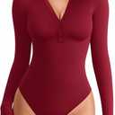 MANGOPOP Henley Bodysuit for Women Button Down Long Sleeve Tops Body Suits Dressy Blouse Casual, Burgundy, Medium