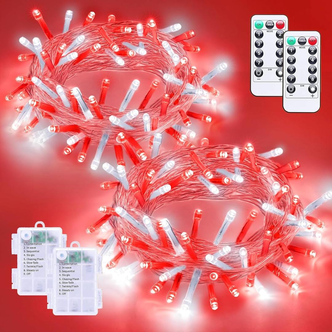 YEGUO Christmas Lights Battery Operated, 2 Pack Each 33ft 100 LED Red and White String Lights Outdoor Waterproof,8 Modes Clear Wire Fairy Light Indoor with Remote