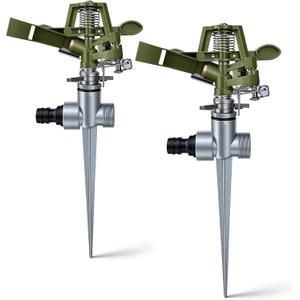 2 Pack Zinc Alloy Impact Lawn Sprinklers with Stand(Spike), Durable Heavy Duty Adjustable Lawn Sprinkler with 360 Coverage, Water up to 30-65FT Area, Ideal for Large Area Lawn Patio Garden