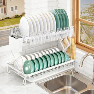 2-Tier Dish Racks for Kitchen Counter, Large Dish Drainers for Kitchens Counter Stainless Steel Kitchen Dishes Drying Rack, Space Saving Dishes Strainer for Bowl, Plate, Cup - Modern Counter Organizer (White)