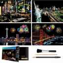Scratch & Sketch Art for Teens & Adults - 4 Sheets Scratch Cards & Drawing Pen, Clean Brush, Rainbow Painting Night View Scratchboard (A4), Art & Craft (USA)