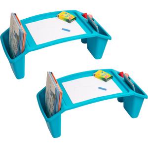 Mind Reader Kids Lap Desk, Portable Activity Tray with Side Storage, Stackable Plastic Desk for Drawing, Snacks, Study, Set of 2, Blue