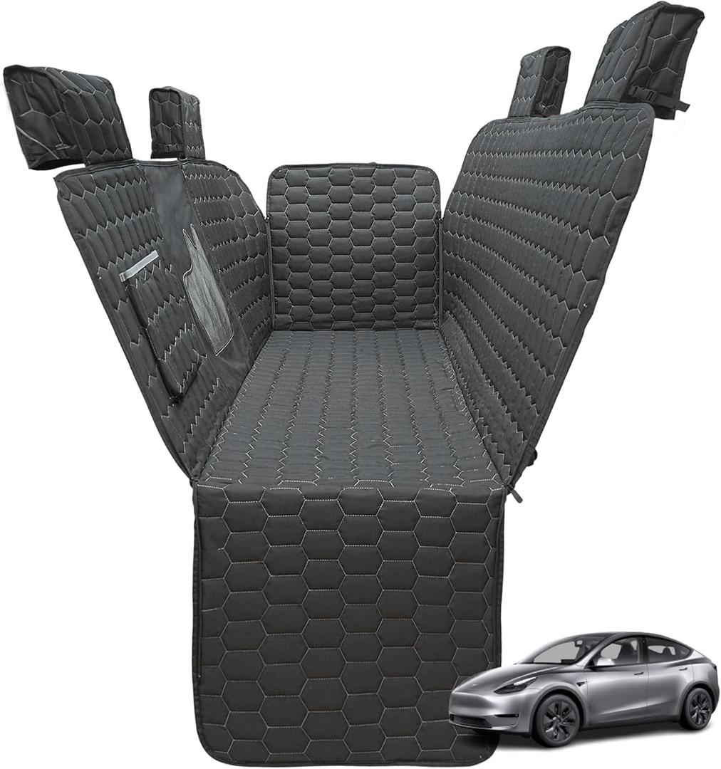 Dog Seat Covers for Tesla Model Y, Car Hammock for Tesla with Side Flaps, 100% Waterproof Model Y Dog Accessories with Mesh Window & Headrest Protector Easy Clean up Pet Car Seat Cover