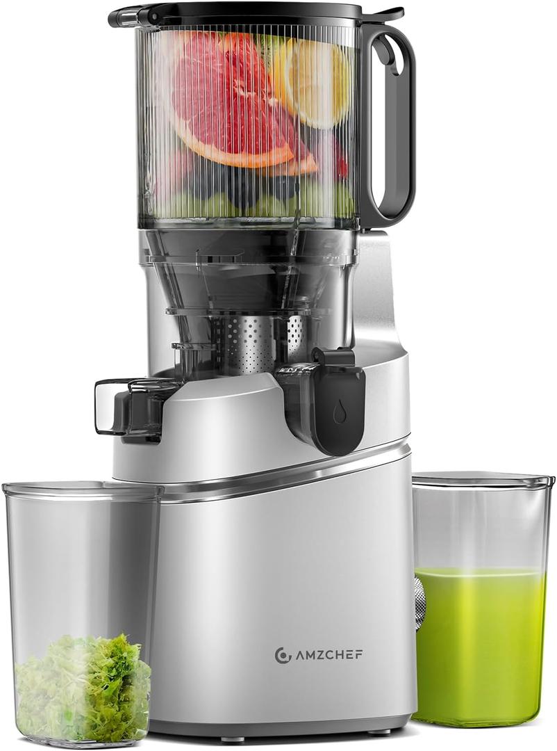 Juicer Machines, AMZCHEF 5.3-Inch Self-Feeding Masticating Juicer Fit Whole Fruits & Vegetables, Cold Press Electric Juicer Machines with High Juice Yield, Easy Cleaning, BPA Free, 250W-Silver (Silver)