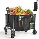 Small Collapsible Wagon Carts 140L with Waterproof Cover, 360LBS Heavy Duty Foldable Grocery Cart with Detachable Side Pouch & 360° Front Wheels for Garden,Camping, Shopping, Outdoor Sports (Black)
