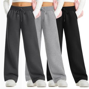 3 Pack Girls Sweatpants Straight Leg Ribbed Waist Active Joggers Teens Athletic Pants with Drawstring and Pockets (X-Large, Dark Gray, Light Gray, Black)