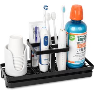 Toothbrush Holders for Bathrooms, Carbon Steel Tooth Brushing Holder Electric Toothbrush and Toothpaste Organizer Bathroom Accessories for Countertop, Shower, Sink, 5 Slots, Matte Black (Large)