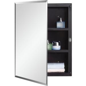 Black Plastic Bathroom Medicine Mirror Cabinet Beveled Edge, 16 x 20 inch, Surface and Recessed Mount