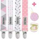 Dodo Babies Pacifier Clip & Case Set - Universal Holder Loop & Pacifier Holder - Secure Binkie Clip for Bibs & Car Seat - Durable Water-Resistant Straps for Baby Essentials - 5-Piece Set, Pink & Gray (Pink,Grey,White)