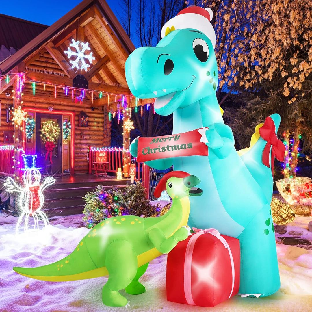 8FT Dinosaur Christmas Inflatables Outdoor Decorations, Light Up Inflatable Christmas Blow Up Yard Decorations, Giant T-rex & Parasaurolophus Xmas Holiday Decorations for Yard Lawn Garden Patio