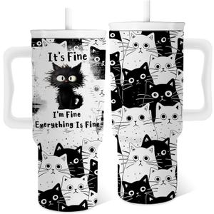 Cat Lover Gifts, Black Cats Tumbler 24 Oz with Handle Everything Is Fine I'm Fine, Cute Cats Themed Stuff Coffee Mugs, Funny Birthday Gifts for Cat Lovers Women Girls Mom