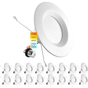 LUXRITE 5/6 Inch LED Recessed Retrofit Downlight, 14W=90W, CCT Color Selectable 2700K | 3000K | 3500K | 4000K | 5000K, Dimmable Can Light, 1100 Lumens, Wet Rated, Energy Star (Pack of 1, Count of 16)