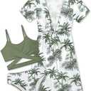 Girls Swimsuit 3 Piece Tropical Print Bikini Set Criss Cross Bathing Suit with Drawstring Quick Dry Cover Up 11-12Y Green Palm Tree