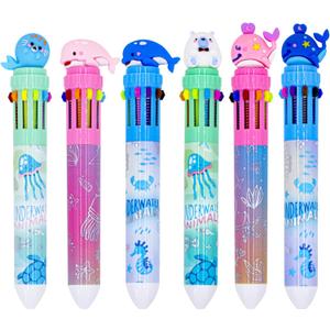 Multicolor Ballpoint Pen 0.7 mm, 10-in-1 Colored Pens Fine Point Retractable Cute Cartoon Ocean Animal Ballpoint Pens for School Supplies Students Kids Gifts, 6 Pack