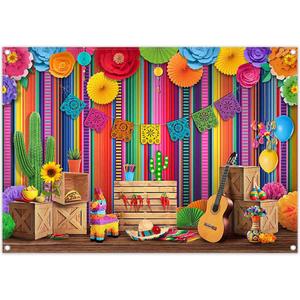 Swepuck 10x8ft Fabric Cinco De Mayo Backdrop Mexican Fiesta Colorful Stripes Flower Chili Cactus Guitar Photography Background Festival Party Decorations Photo Booth Banner