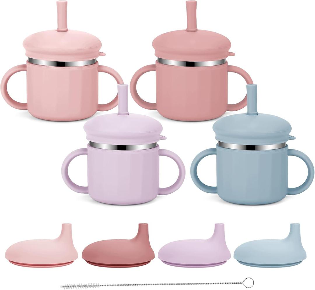 Upgrade Stainless Steel Baby Sippy Cups, 7.4 Oz Spill Proof Toddler Straw Cups, 3 Stages Training Cup for Toddlers 1-3 Year, Kid Cups with Silicone Sheel and Straws, 4 Colors (Coral+Blue+Pink+Purple)