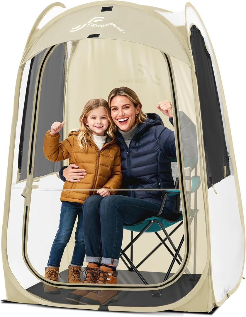 Sportneer XL Clear Pop Up Sports Tent, 46" L x 46" W x 63.5" H Spacious Outdoor TPU Shelter for 1 Adult & 1 Child, Warm All-Weather Bubble Pod with Instant Setup, Wind & Rain Guard for Spectators (Beige)