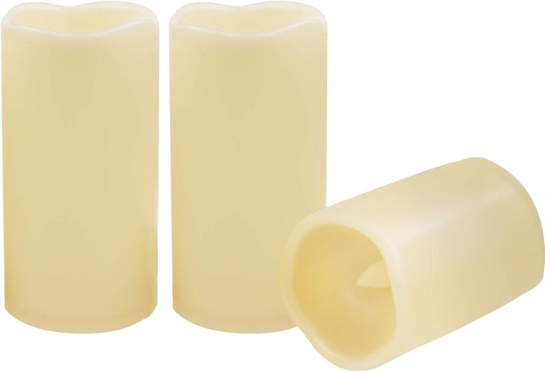 CANDLE CHOICE 3 Waterproof Outdoor Battery Operated Flameless LED Pillar Candle with Timer Flickering Plastic Resin Electric Decorative Light for Lantern Patio Garden Home Decor Party Wedding (3"x6" 3 Pack, Ivory)