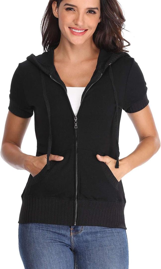 MISS MOLY Women's Short Sleeve Hoodie Full Zip Up Cotton Slim Fit Sweatshirt with Pocket (Black, XXL)
