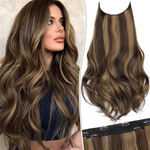 KooKaStyle Invisible Wire Hair Extensions Long Straight Layered Synthetic with Transparent Wire Adjustable Size 6 Secure Clips Hairpieces for Women 20 Inch (Balayage Chocolate Brown to Caramel Blonde)