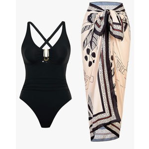 One Piece Swimsuit Women with Cover Up Set Retro Bathing Suit for Women Tummy Control Beach Wrap Skirt XXL