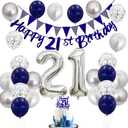 Blue Happy 21st Birthday Banner with Navy Blue Silver Balloons, 21 Birthday Cake Topper Number 21 Balloon for Him and Her