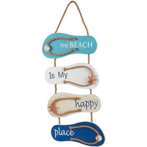 Juvale Wooden Flip Flop Beach Wall Decor Sign - Coastal Wall with Seashell & Rope Hanger - Beach Decor for Home, Bathroom, Living Room, Bedroom and Dining Room (8.7 x 20.9 in)