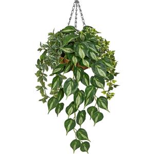 Fake Hanging Plant with Pot, Large Hanging Artificial Plants with Basket & Hanger Faux Greenery Plants Indoor Outdoor Decor Fake Pothos Plant in Pot for Wall Balcony Patio Office Bathroom Shelf