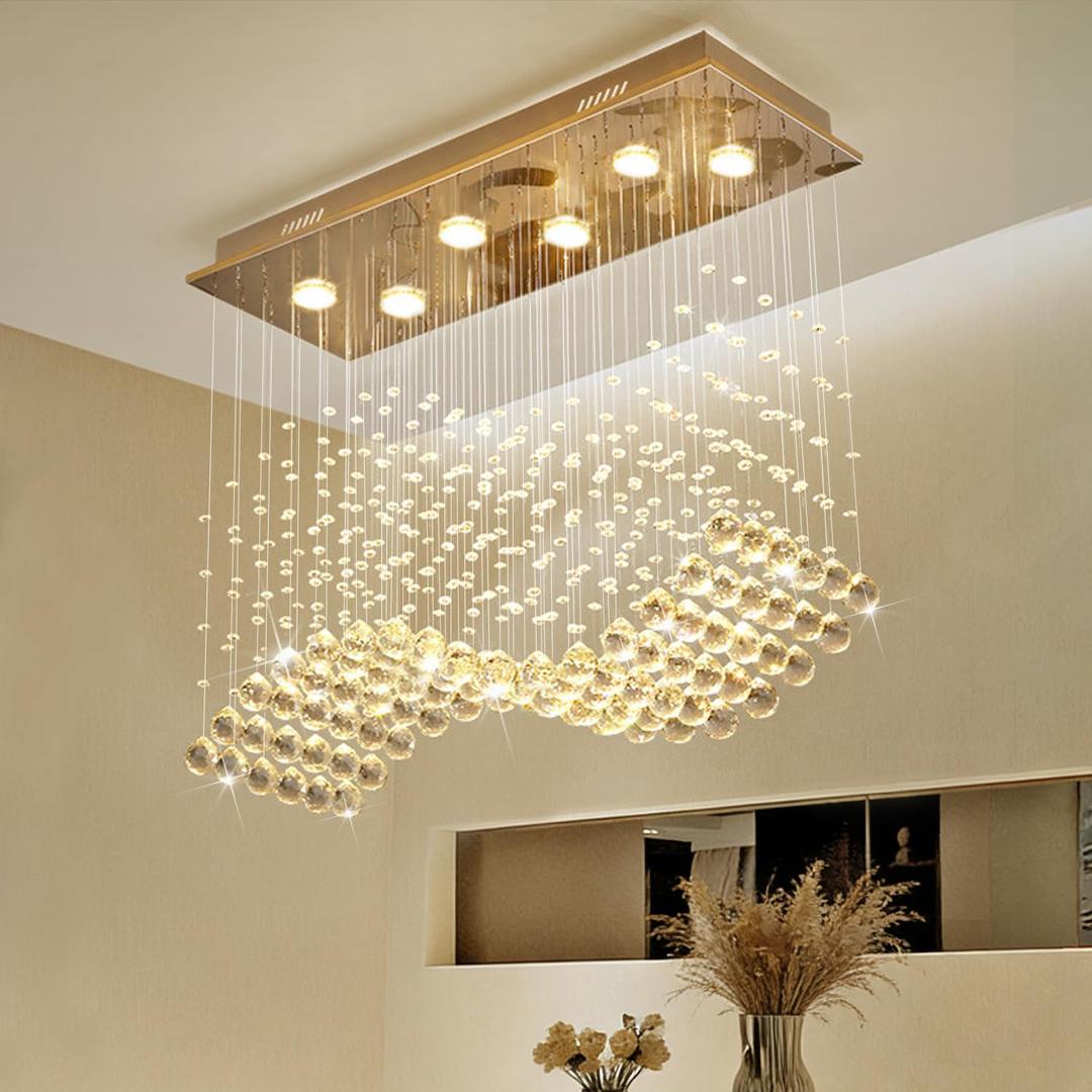 Modern Gold Wave Rectangular Chandelier for Dining Room Over Table, 6-Lights Raindrop Elegant Ceiling Light Fixture for Kitchen Island, Funny Flush Mount Pendant Light for Kids/Girls Room, l23.6'' X W9.8'' X H27.6''