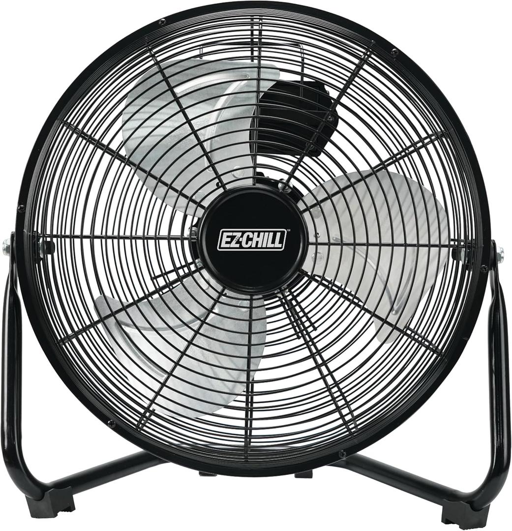 EZ-CHILL 12 Cradle Floor Fan, 3 Speed, High Velocity, 180 Degree Adjustable Tilt, All-Metal, Carry Handle, Rubber Feet, Airflow 15.42 ft/sec, Ideal for Home, Bedroom & Office, Black