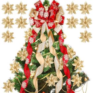 Tigeen 48 x 13 Inches Large Christmas Tree Bow Topper with 8 Pcs 5.5 Inches Attachable Poinsettia Flowers Glitter Snowflakes Burlap Tree Toper Ribbon Bow for Holiday Hanging Ornament(Glitter Flakes)