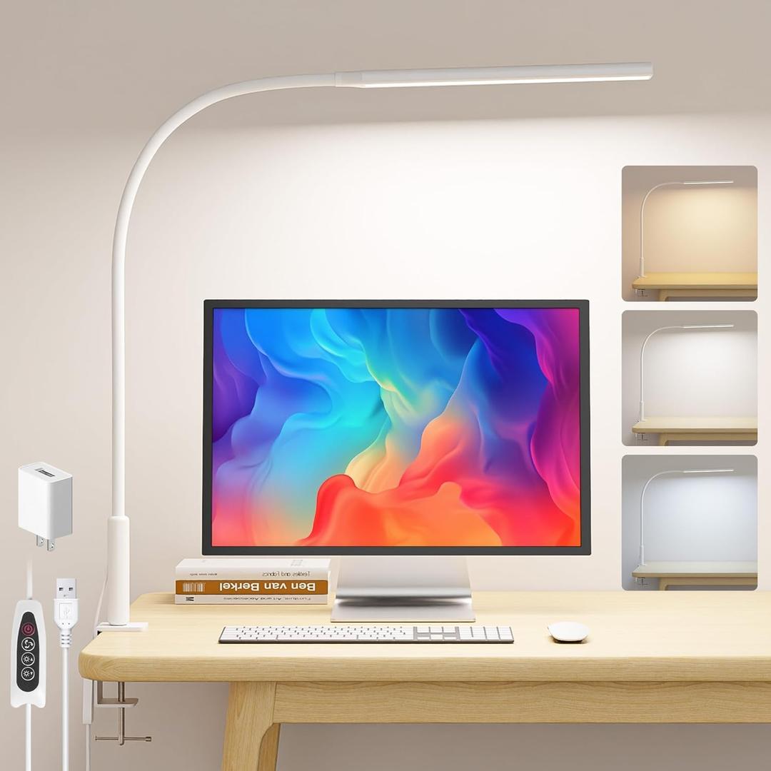 Desk Lamp with Clamp, Eye Caring Clip Light for Home Office, 3 Colors Stepless Dimming, Flexible Gooseneck Table Lamp with USB Adapter for Nail Reading Working Workbench Drawing Gaming (White Pro)
