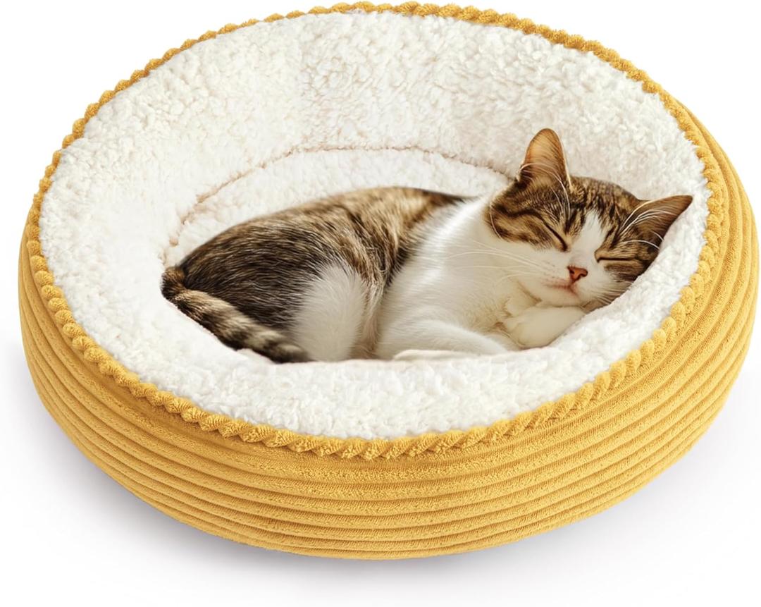 Love's cabin Round Donut Cat and Dog Cushion Bed, 25in Pet Bed for Small or Medium Dogs, Anti-Slip & Water-Resistant Bottom, Soft Durable Fabric Pet Beds, Washable Calming Cat Bed Yellow Stripe
