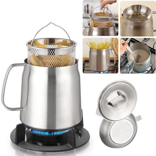 Oxydrily 2L Stainless Steel Oil Filter Pot Bacon Grease Saver with Strainer Large Capacity Versatile Oil Strainer Pot Fine Mesh Removable Cooking Oil Filter, for Kitchen Storing Grease Frying Basket