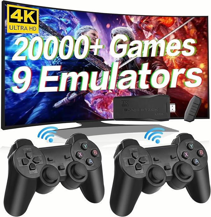 ANGFA Wireless Retro Game Console Stick, Upgrade Retro Video Gaming Stick Built in 20000+ Games with 18 Emulators, 4K HDMI Output with 2 Pack 2.4G Wireless Controllers for Nostalgia Gifts- 64GB