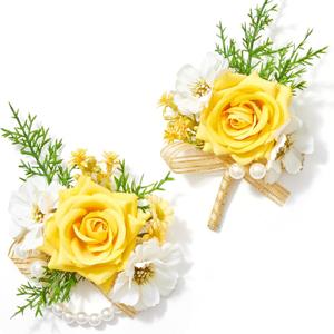 Serwalin Yellow Rose Corsage and Boutonniere Set, Artificial Silk Rose Wrist Corsage Wristlet and Boutonniere Set for Prom Homecoming Wedding Flowers Accessories Party Suit Decorations