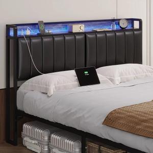 King Size Upholstered Headboard with LED Lights & Charging Station, PU Upholstery, King Headboard Only, Height Adjustable, Attach Frame, Sturdy and Stable, Easy Assembly