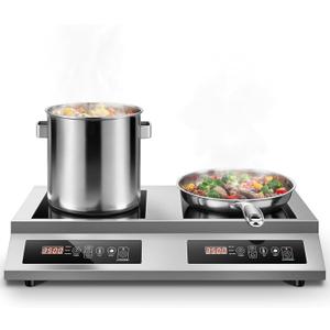 7000W Commercial Double Induction Cooktop Countertop Stainless steel,10 temp and power levels,4-hour timer,100% copper coil, fits all cookware, wiring type, no plug
