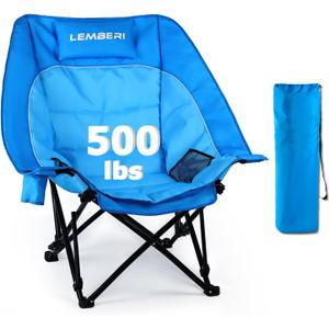 LEMBERI Oversized Heavy Duty Camping Chair for Adults,500lbs Comfortable Folding Lawn Chairs,Large Outdoor Portable Chair with Cup Holder,Side Pocket and Cooler Bag (Blue)