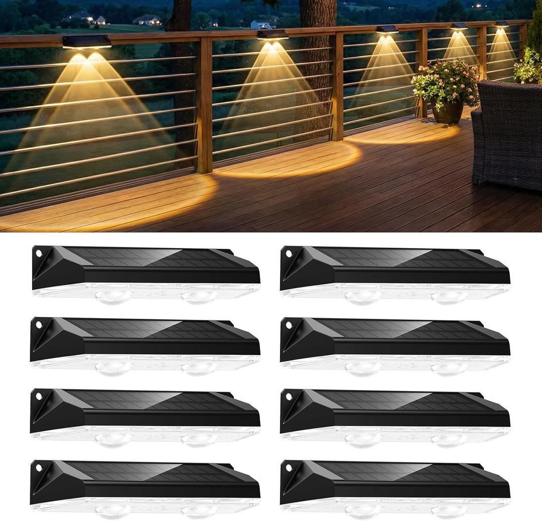 Brightown 8 Pack Solar-Fence-Lights-Outdoor, IP65 Waterproof Warm White & RGB 11 Color Solar Deck Step Flood Lights, Solar Patio Lights for Outside Backyard Yard Home Improvement Wall Railing