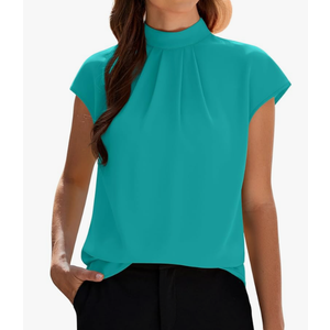 Funlingo Womens Summer Tops Mock Neck Short Cap Sleeve Blouses Business Casual Work Chiffon Shirts Front Pleated Tunic Top M