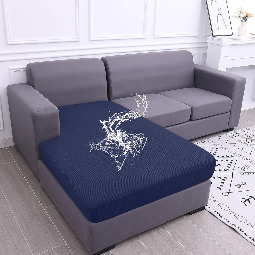 Hyha Waterproof Sectional Couch Covers, Non Slip Sofa Couch Cushion Covers L Shape, Thick Stretch Jacquard Fabric, Washable Sofa Slipcovers with Elastic Bottom (1 Piece for Chaise, Navy)