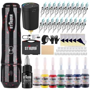 STIGMA Cordless Tattoo Gun Kit Complete with Pro Tattoo Machine Pen, Carrying Case with 1400 mAh Tattoo Battery, 20 Tattoo Cartridge Needles,Tattoo Ink Color Set, Full Tattoo Accessories (Black)