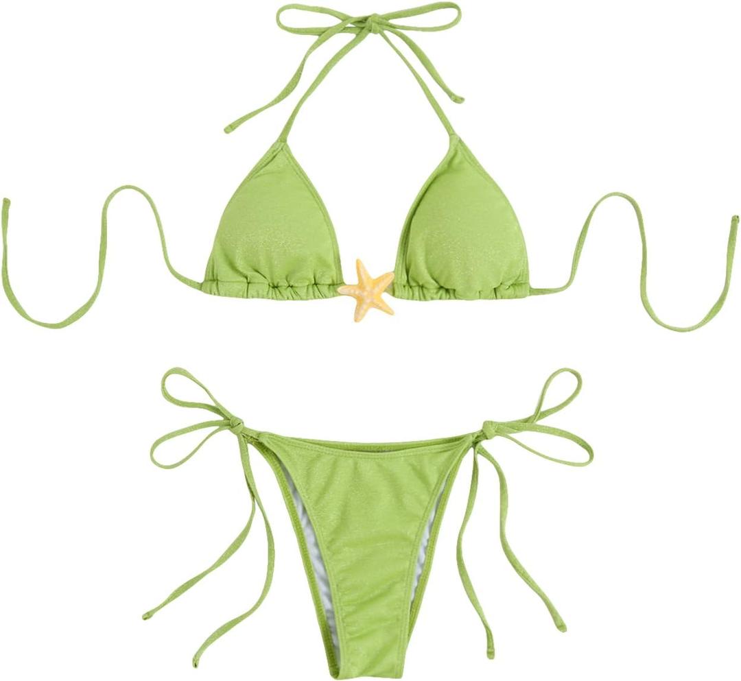 SOLY HUX Bikini Sets for Women Triangle Halter Bathing Suits High Cut Swimsuits Beach Wear (Green, L)