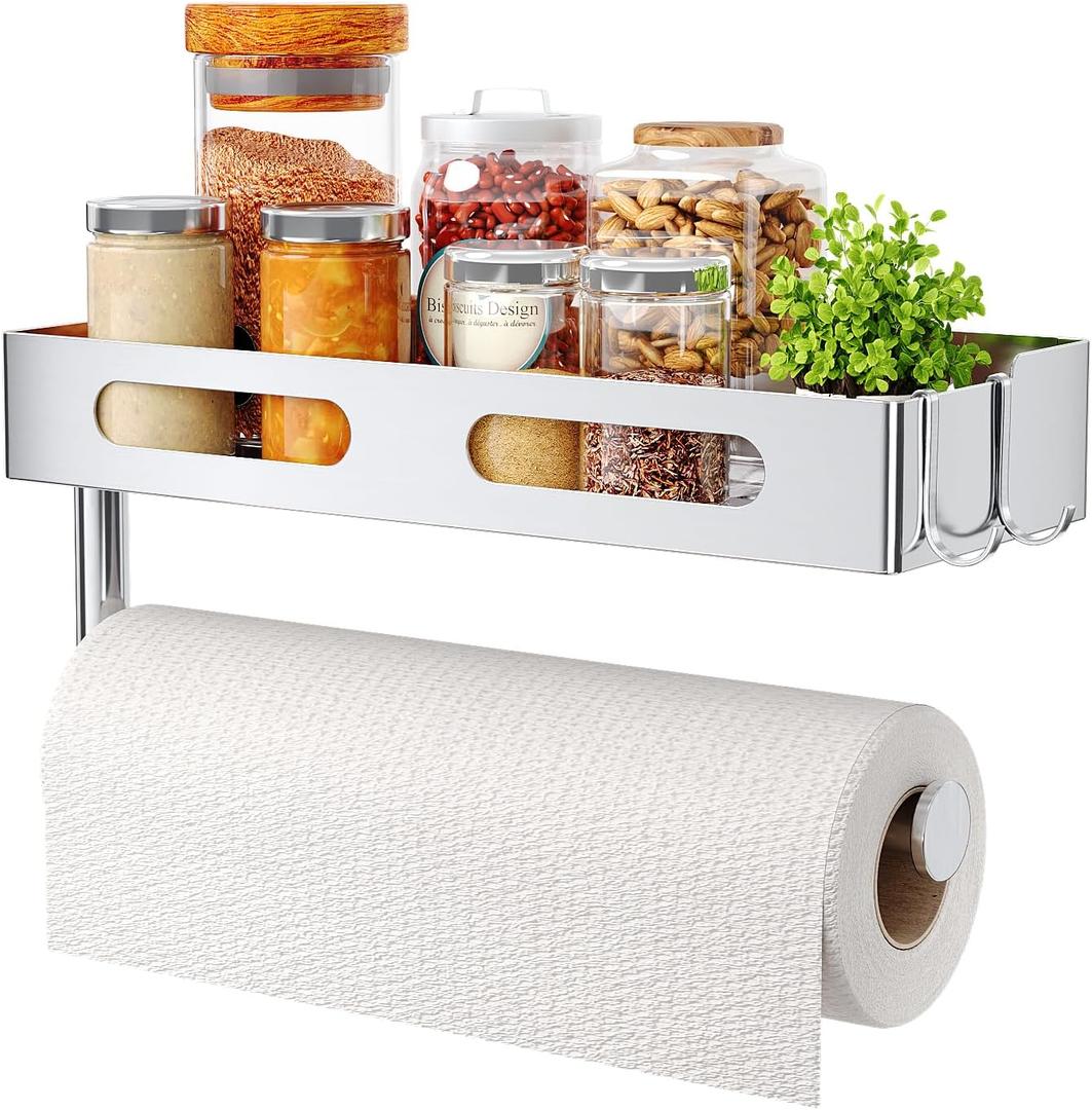 Paper Towel Holder Wall Mount for Bathroom, Paper Towel Holder with Shelf for Kitchen, RV Paper Towel Rack Stainless Steel, Silver