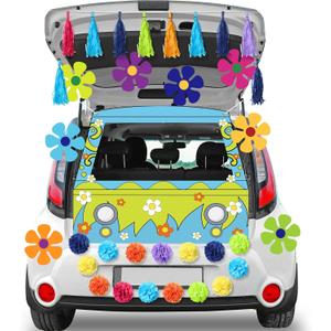 Breling 23 Pcs Halloween Trunk or Treat Car Decorations Kit Hippie Flower Cutouts Colorful Paper Tassels Flowers Banner Cartoon Dog Bus Photo Props for Halloween SUV Car Archway Garage Door Decoration